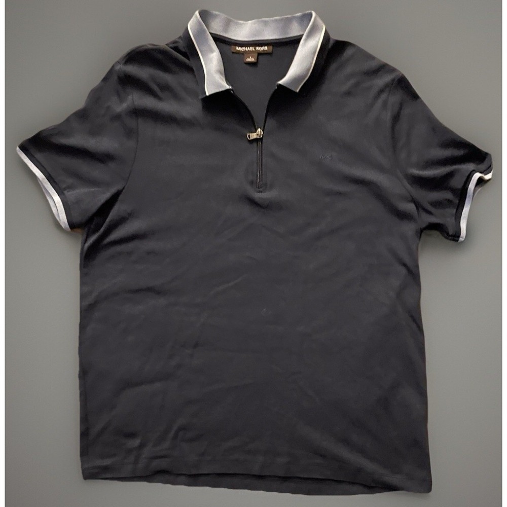 Michael Kors Short Sleeve Polo Shirt Zip Embroidered Logo Dark Blue Large JBHS